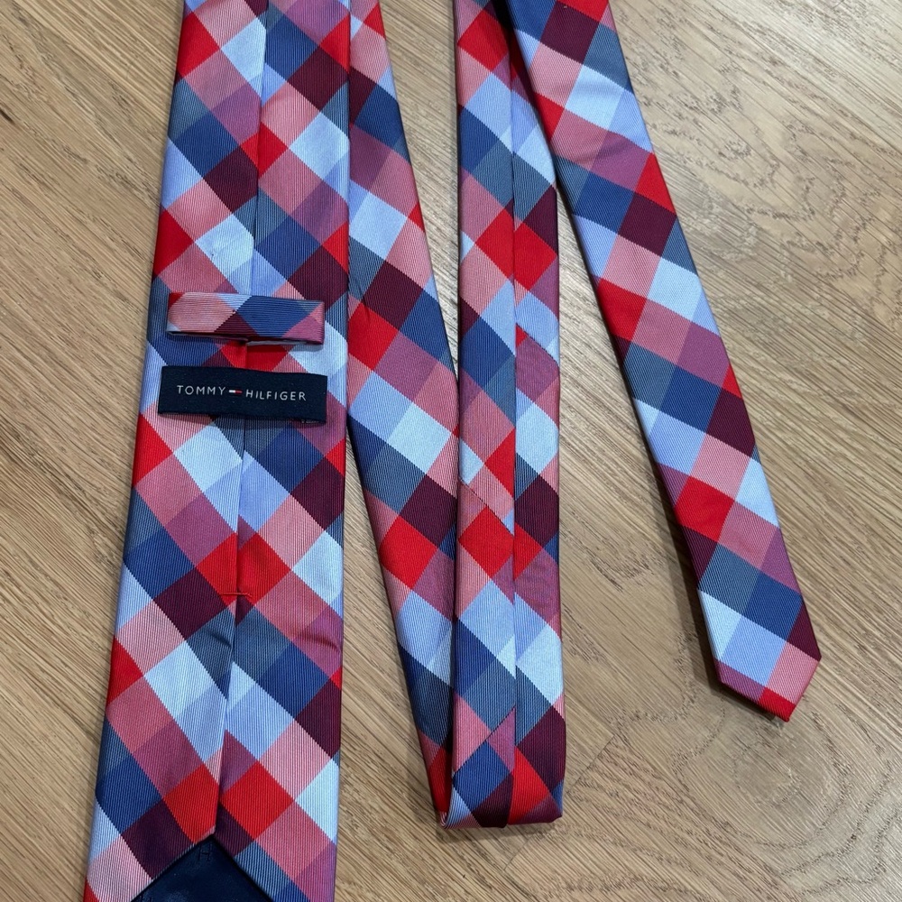 Tommy Hilfiger Men Red, Blue & Light Blue Plaid Silk Tie